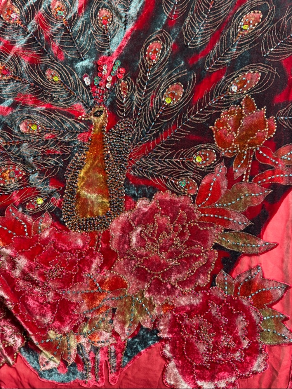 Red Velvet Peacock Embroidered Shawl